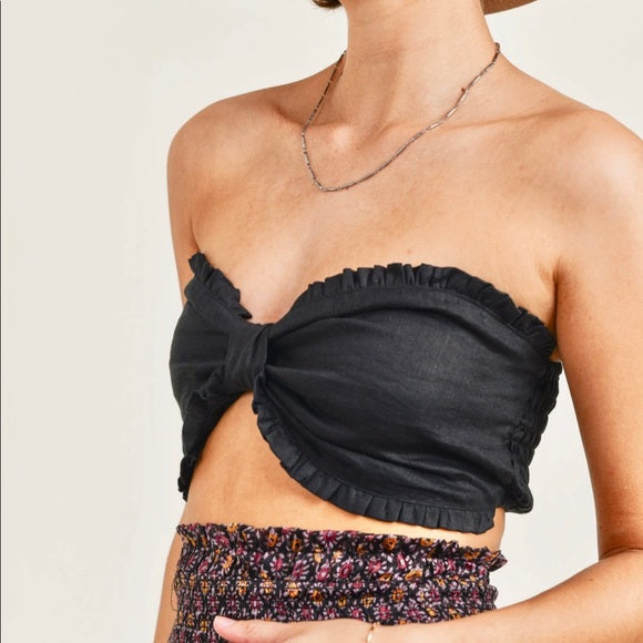 BLACK RUFFLE LINEN BRALETTE